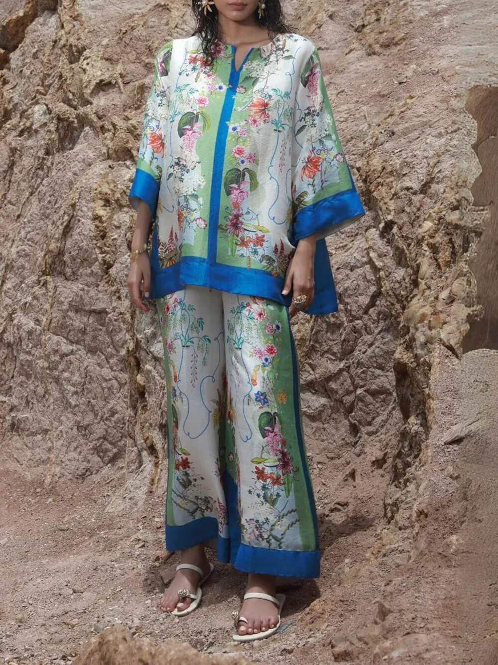 Modern Muse Unique Satin Floral Print Patchwork Oversized Shirt