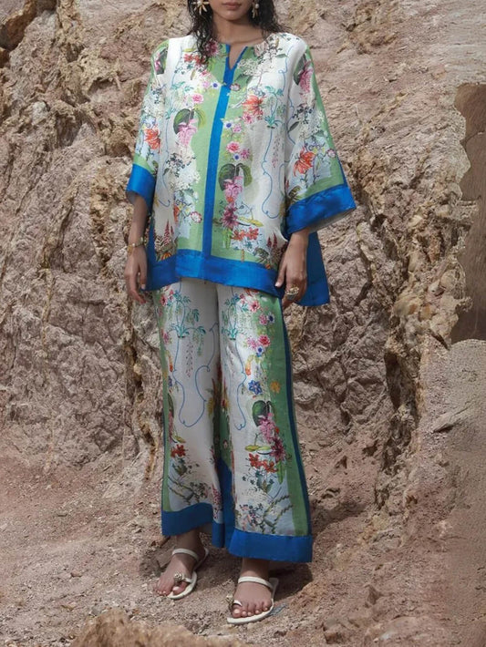 Modern Muse Unique Satin Floral Print Patchwork Oversized Shirt