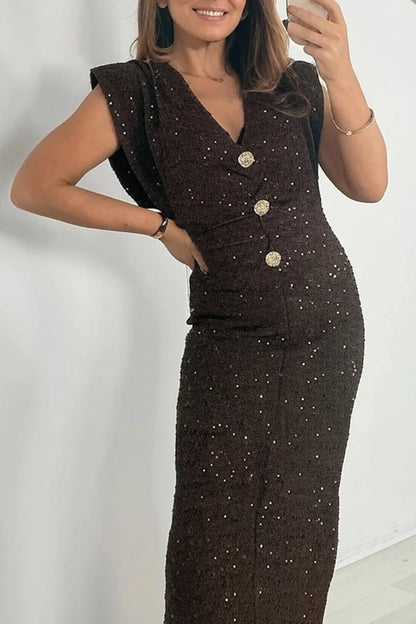 Exquisite Sequin Textured V-neck Midi Dress