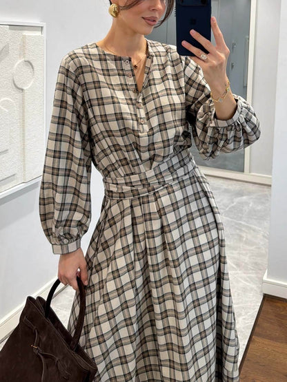 Retro Plaid Print Belted Midi Dress