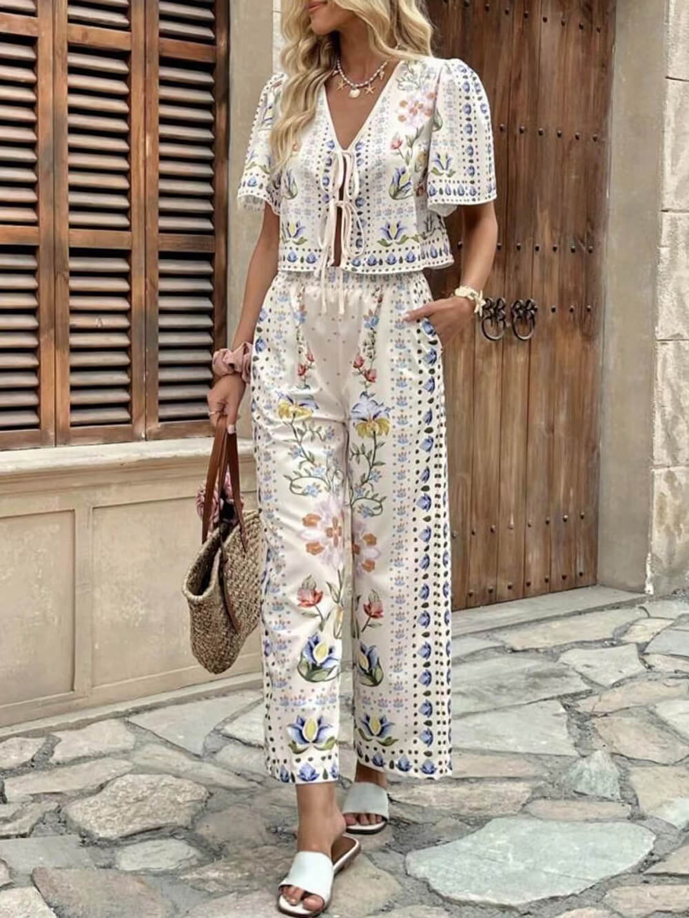 Unique Floral Print Tie-Front Top High-Waist Straight-Leg Pants Set
