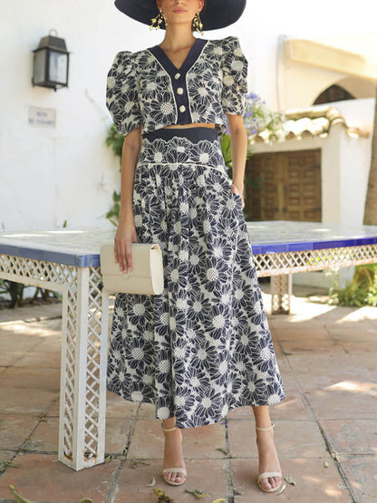 Retro V-Neck Floral Print Puff Sleeve Button-Front Top