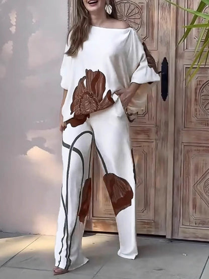 Retro Floral Print Batwing Sleeves Loose-fitting Top