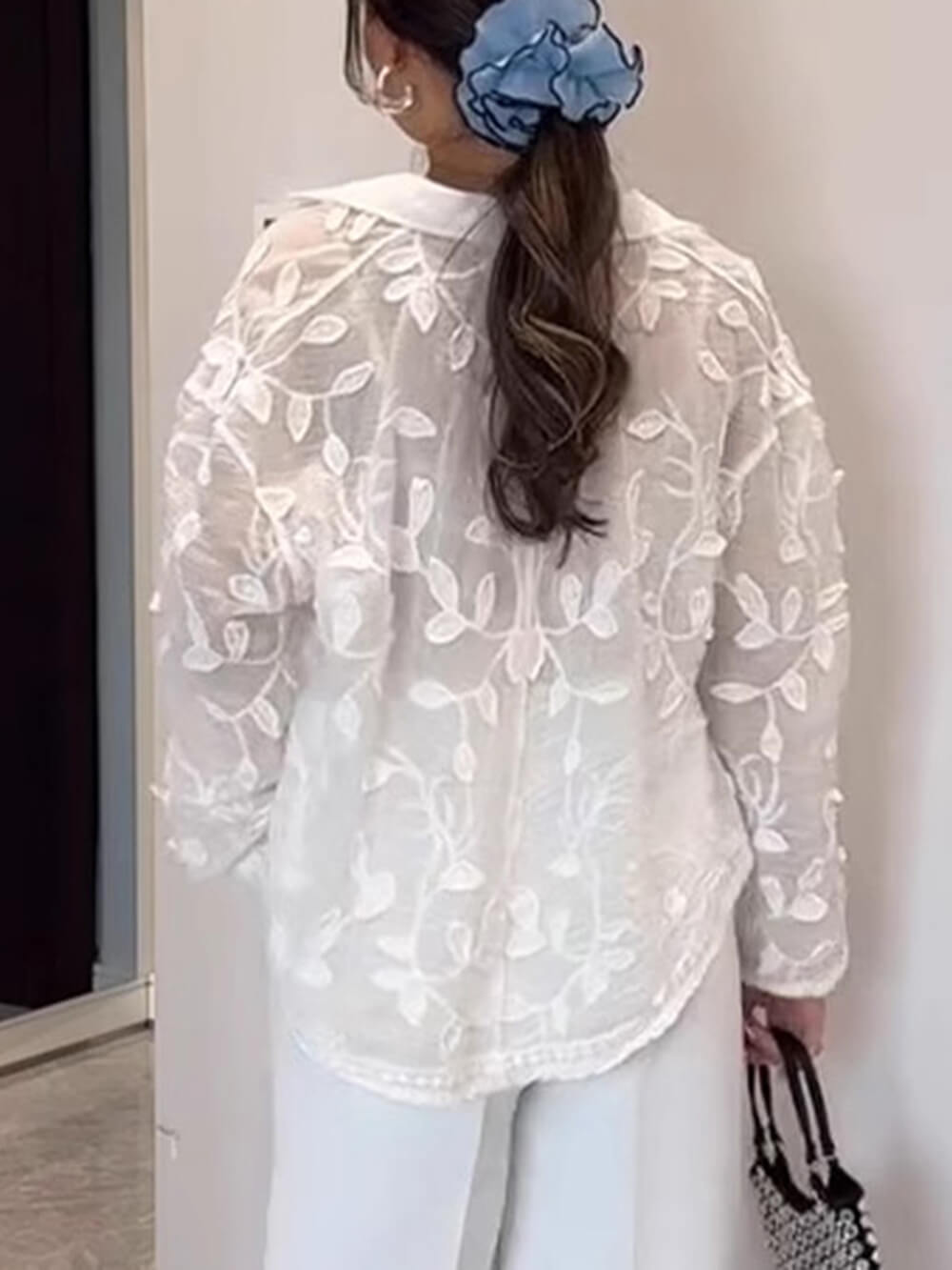 Exquisite Lapel Long Sleeves Embroidered Loose Top