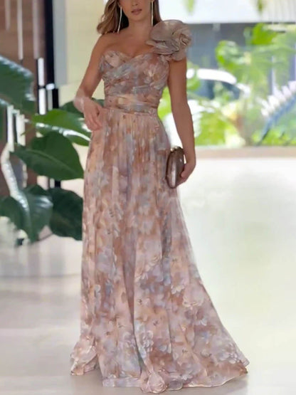 Elegant Romantic Ball Chiffon Floral One-shoulder Pleated Design Back Lace-up Gown Maxi Dress