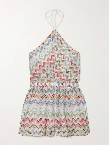 Unique Metallic Crochet Halter Jumpsuit