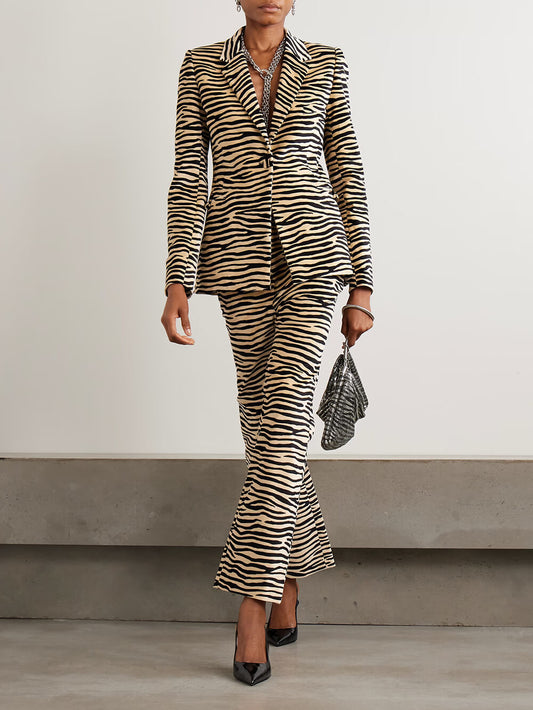 Exquisite Zebra Print Lapel Blazer And Straight Leg Pants Set