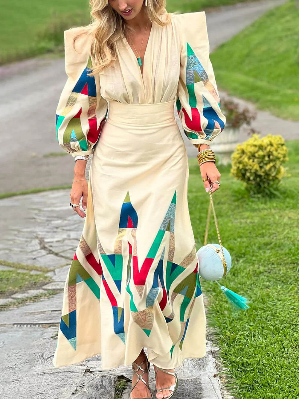 Elegant Floral Square-Neck V-Neck Ruched Lantern Sleeve Blouse