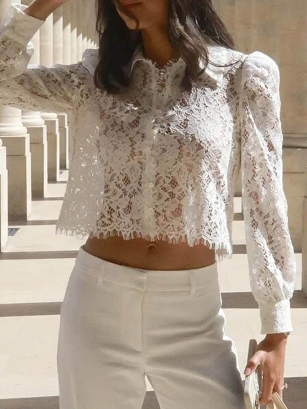 Elegant Lace Long-sleeved Cropped Shirt