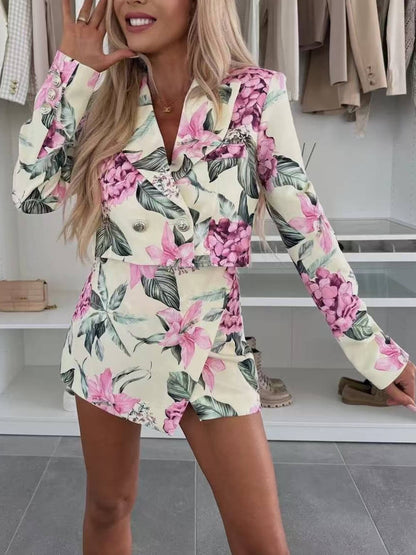 Stylish Botanical Print Cropped Blazer