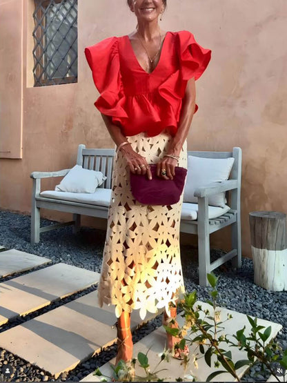 Exquisite Ruffled Panel Ruched Loose Top