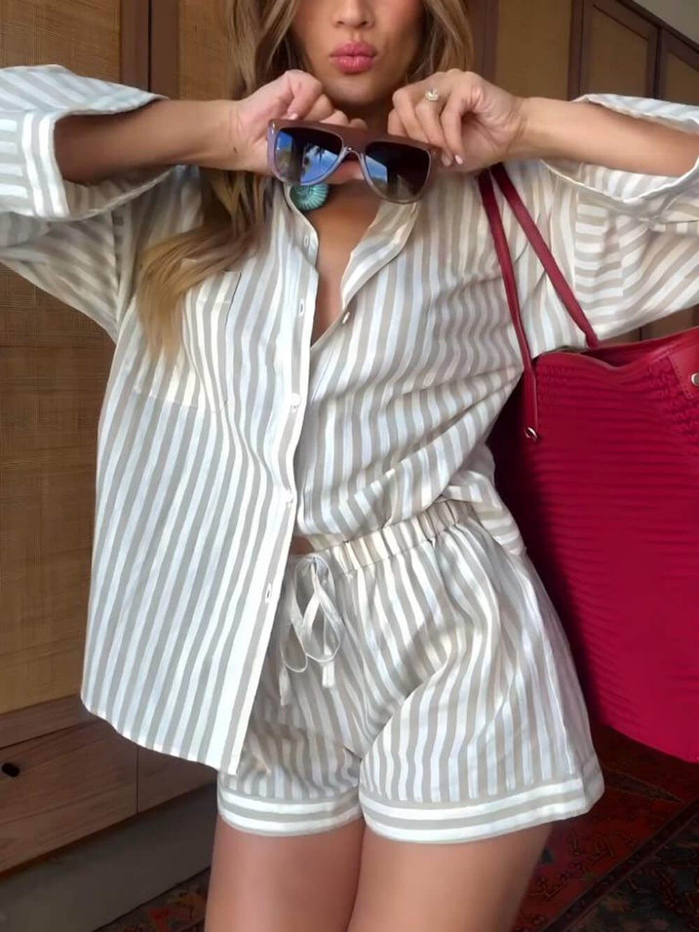 Modern And Sophisticated Striped Print Shirt And Drawstring Shorts Set