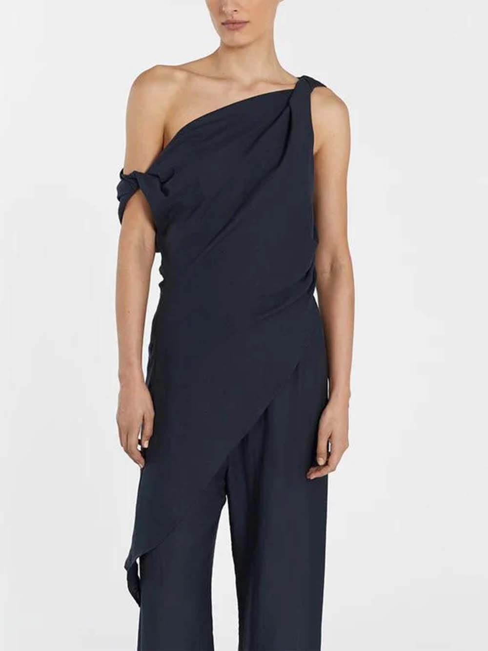 Casual Asymmetrical Twist Detailing Top Linen-Blend Pants Set