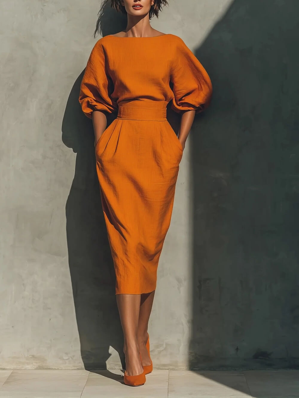 Delicate Round Neck Half-Sleeve Top And Pocketed Back Slit Midi Skirt Set