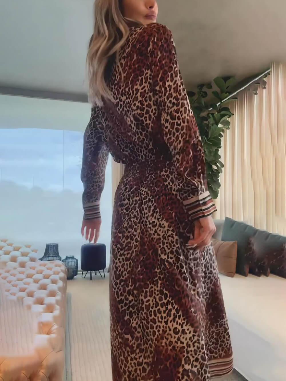 Retro Classic Leopard Print Patchwork Lace-Up Loose Shirt