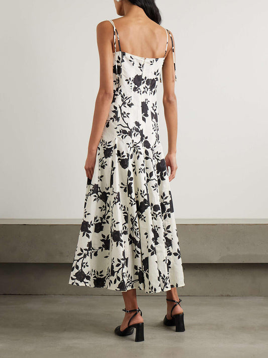 Elegant Floral-Print Linen And Cotton-Blend Midi Dress
