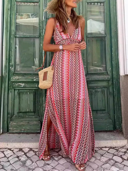 Bohemian Print V-Neck Spaghetti Strap Slit Maxi Dress
