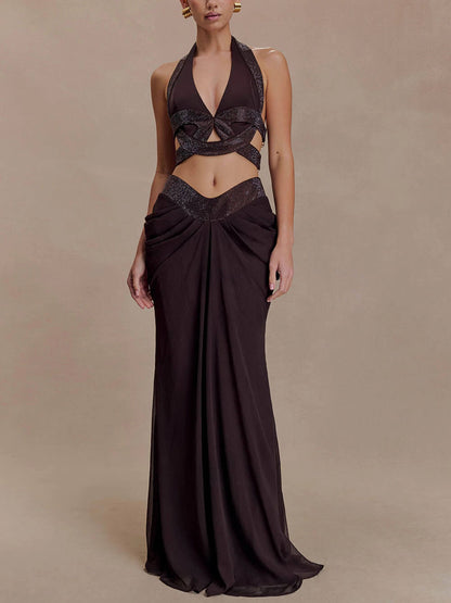 Exquisite Sequin Openwork Top And Satin Pleated Maxi Skirt Set