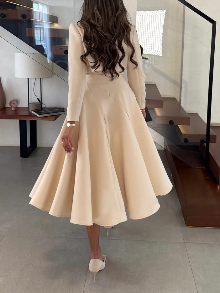 Elegant Long-sleeved Cropped Blazer And Midi Dress Set