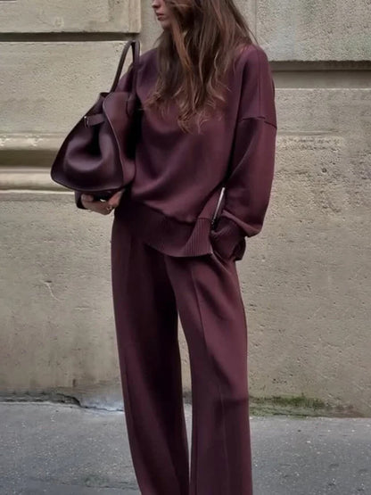 Classic Double Soft Turtleneck Side Zipper Sweatshirt and Elastic Waist Pocketed Loose Pants Set