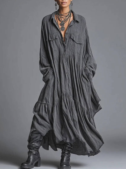 Casual Linen Loose Shirt-Style Pocket Maxi Dress