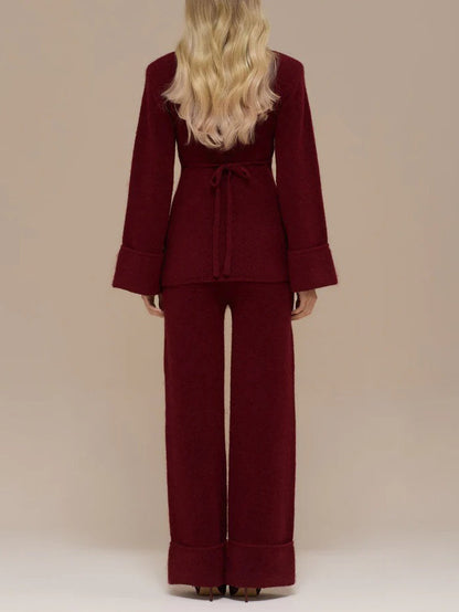 Elegant Flared Sleeve Knit Top And Pants Two-piece Set