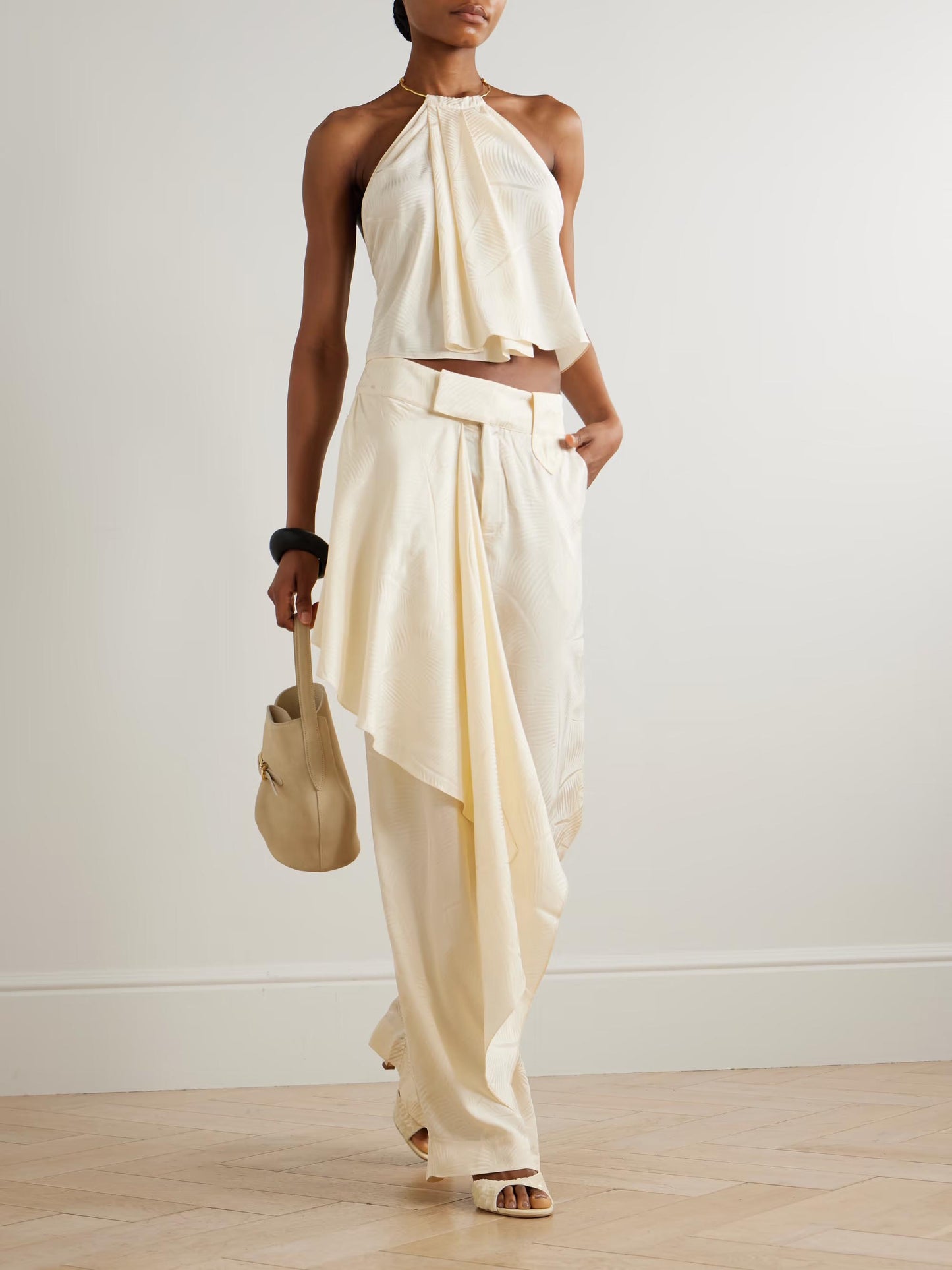 Elegant Backless Cropped Top & Draped Wide-Leg Pants Set