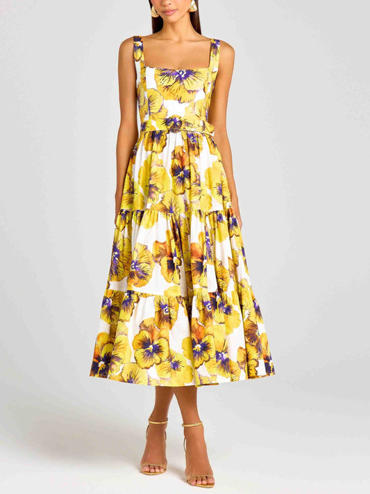 Elegant Pansy Print Midi Dress