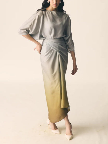 Elegant Gradient Draped Top And Pleated Long Skirt Two-piece Set