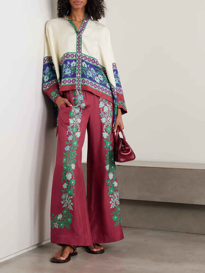 Exquisite Retro Satin Print Batwing Sleeve Shirt