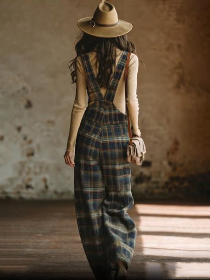 Casual Retro Plaid Wide-leg Overalls