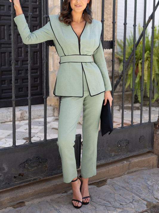 Casual Long-sleeved Black Piping V-neck Shirt