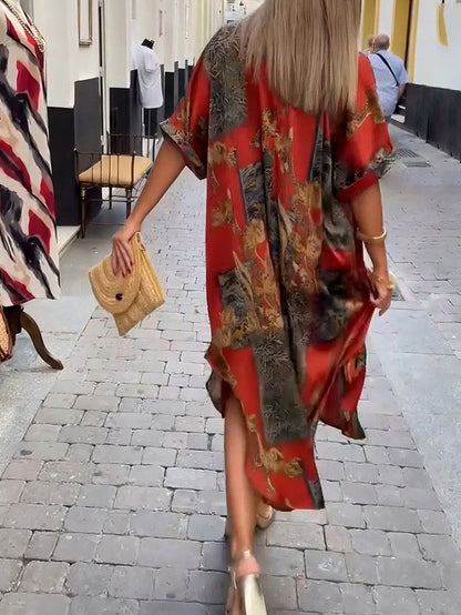 Retro Satin Print V-Neck Shirt Midi Dress