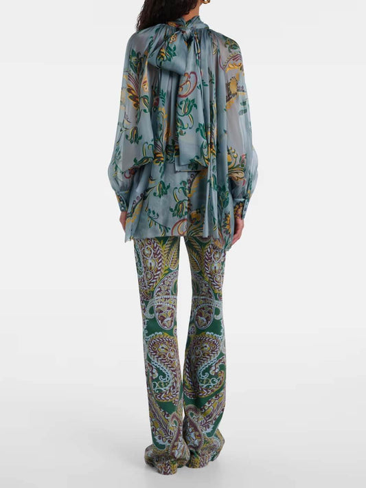 Delicate Floral Pleated Chiffon Blouse High-Waist Straight-Leg Pants Set