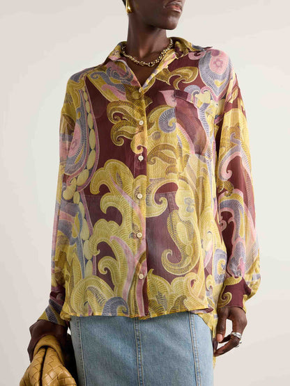Exquisite Vintage Plley Print Chiffon Shirt