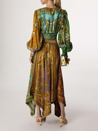 Exquisite Bohemian Paisley Print Satin Two-Piece Set