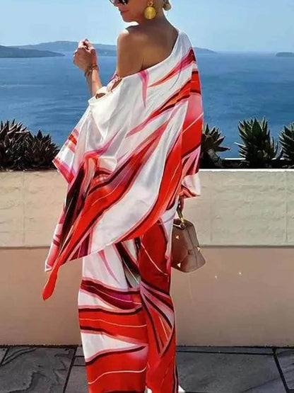 Exquisite One-Shoulder Printed Asymmetric Loose Shirt