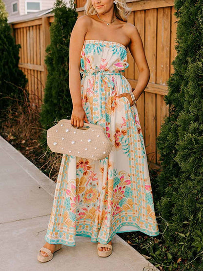 Exquisite Folk Style Printed Wrap Collar Jumpsuit