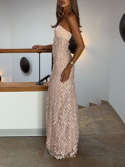 Elegant Strapless Lace Sequined Maxi Dress