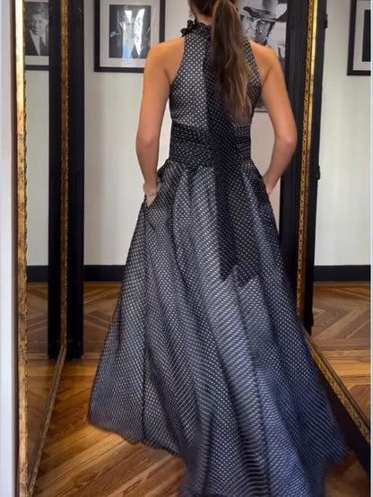 Elegant Halterneck Polka Dot Print Maxi Dress