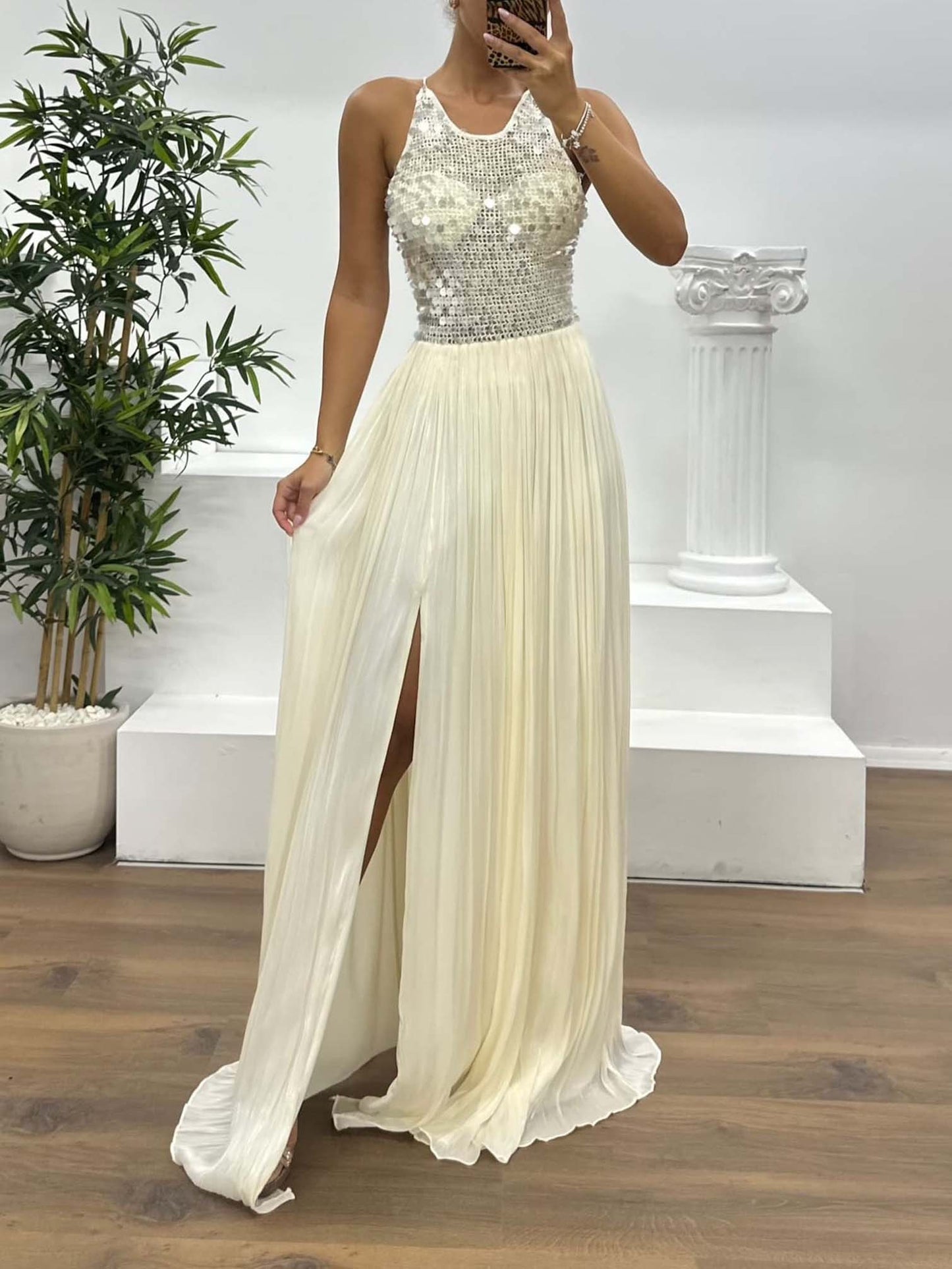 Elegant Sequined Pleated High Slit Maxi Dress