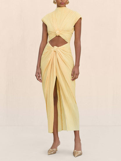 Elegant Pleated Cutout Slit Maxi Dress