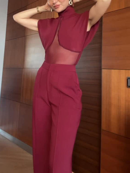 Elegant High-Neck Mesh Panel Top & Slit Pants Two-Piece Set