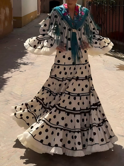 Exquisite Polka Dot Print Ruffle-Trim Flare-Sleeve A-Line Maxi Dress