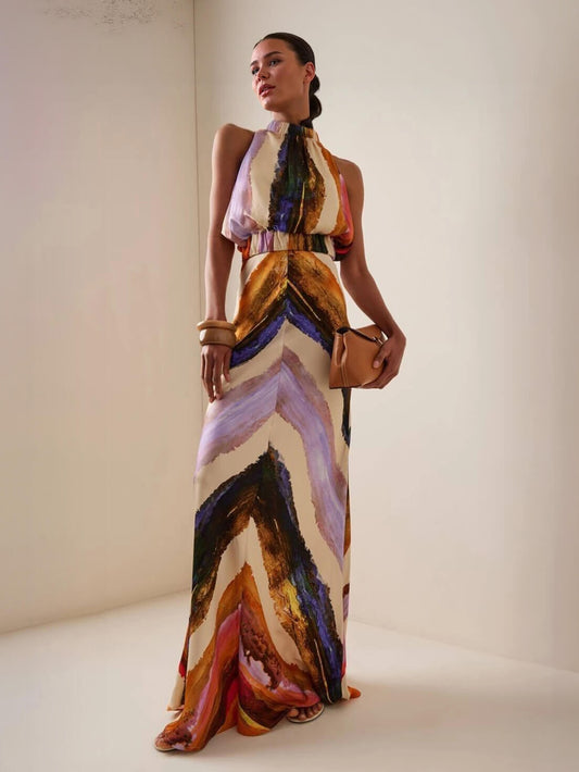 Elegant Abstract Print Tank Top And Maxi Skirt Set