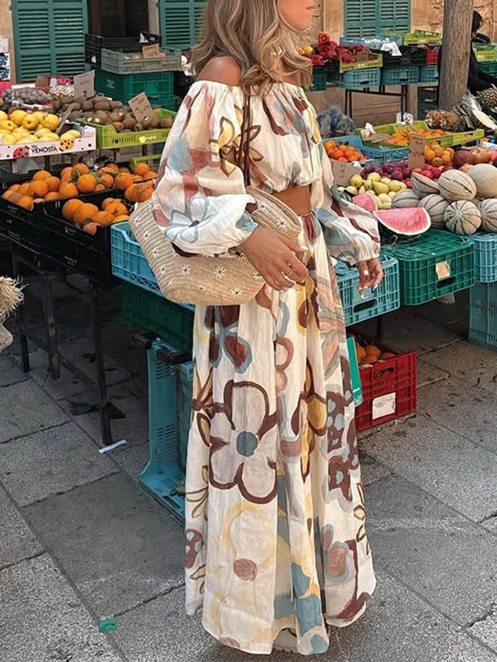 Fashionable Printed Off-Shoulder Lantern Sleeve Ruched Crop Top