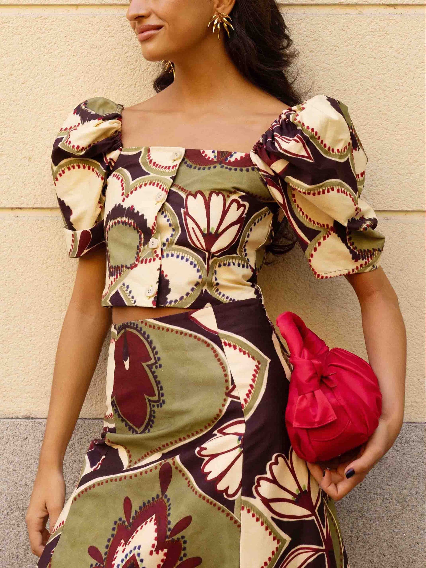 Elegant Retro Floral Puff Sleeve Skirt Two-Piece Set