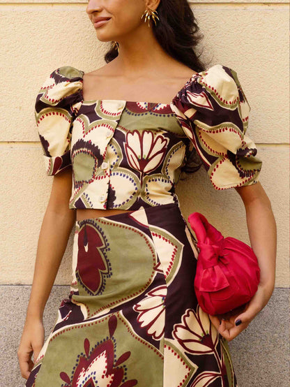 Elegant Retro Floral Puff Sleeve Skirt Two-Piece Set
