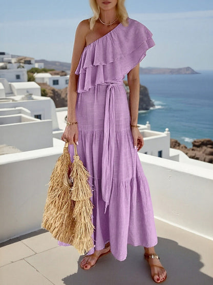 Romantic One-Shoulder Ruffle Tie-Waist Midi Dress