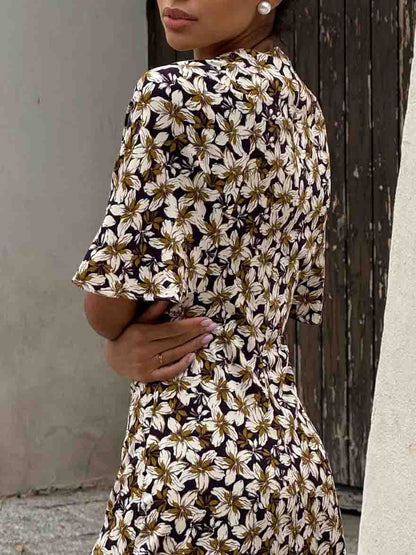 Elegant Satin Floral Print Slit Midi Dress